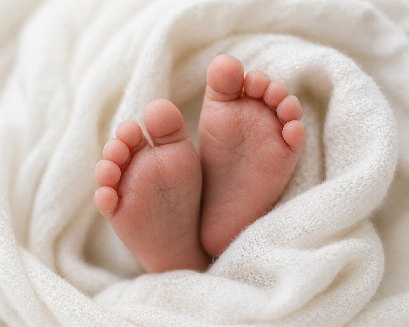 Close-up of newborn feet tucked inside a soft cream wrap.